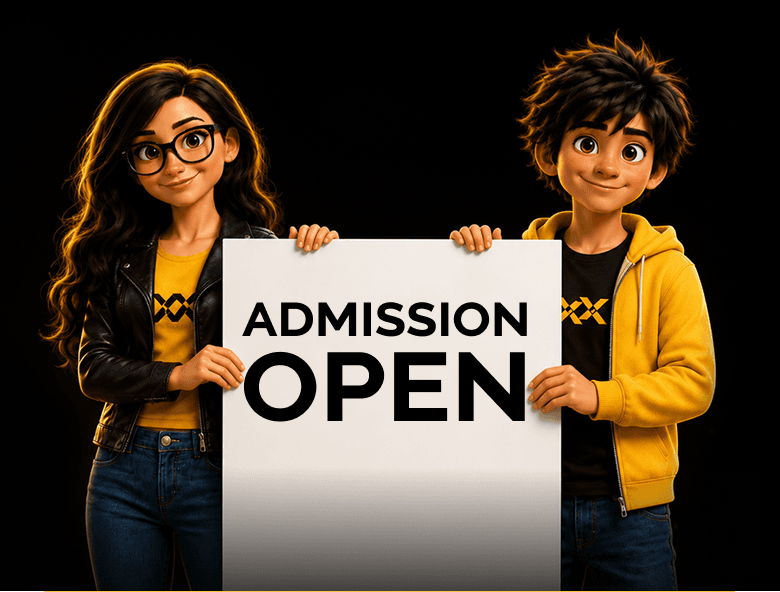 FrameBoxx students holding an Admission Open board