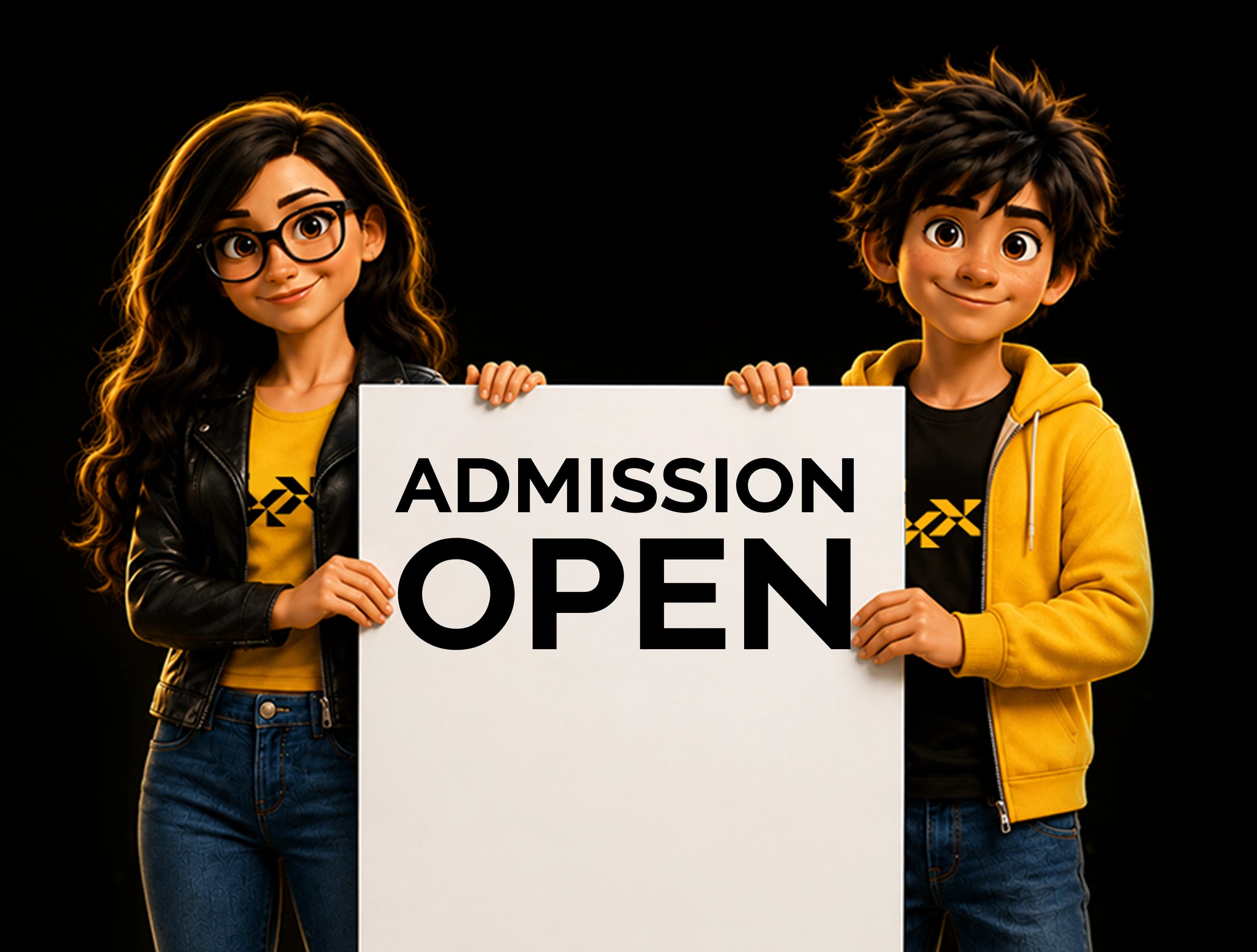 Frameboxx students holding an Admission Open board