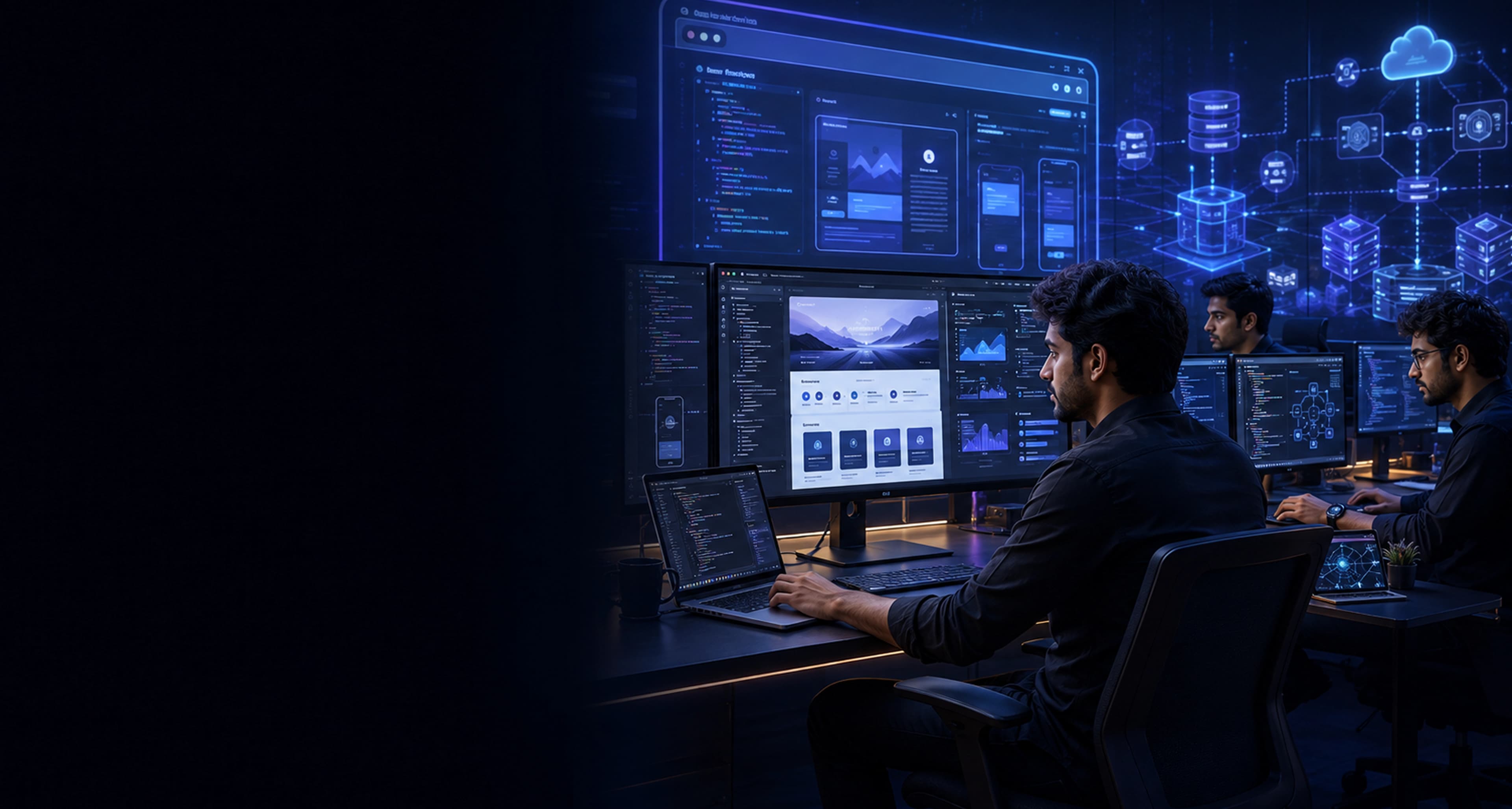 Web development student character in a night studio for Expert Program in Web Development
