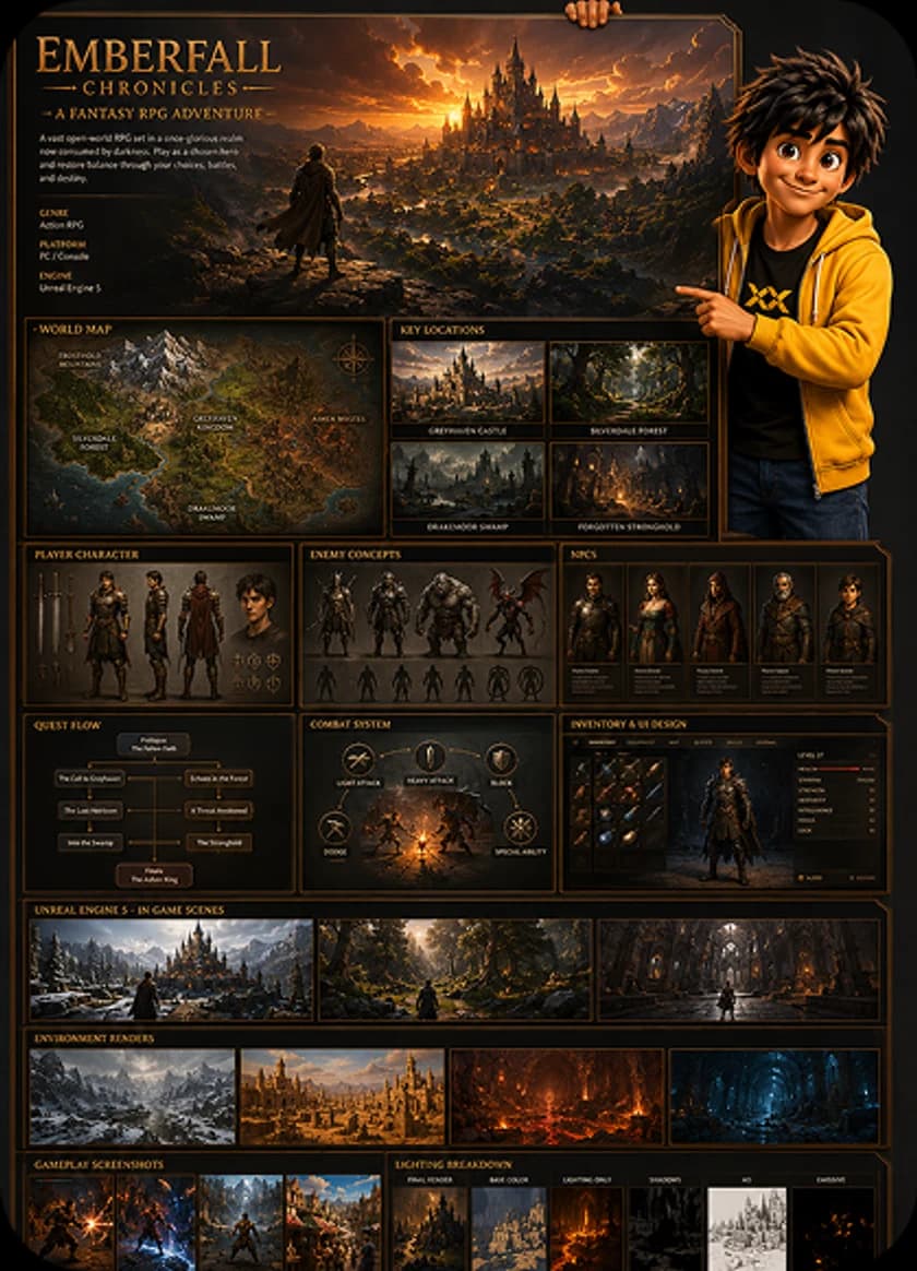 Emberfall Chronicles fantasy RPG student project board