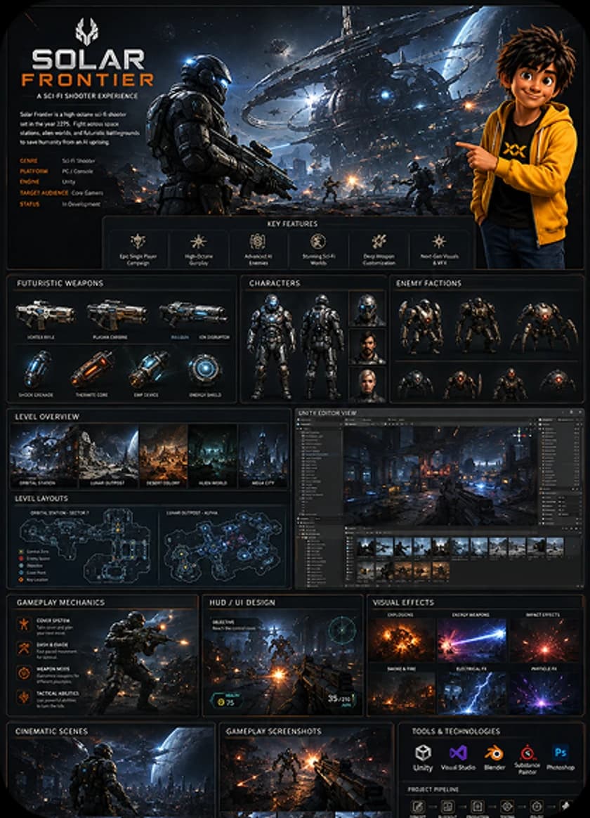 Solar Frontier sci-fi shooter student project pitch board