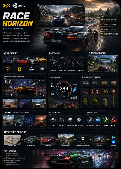Race Horizon Unity racing game student project board