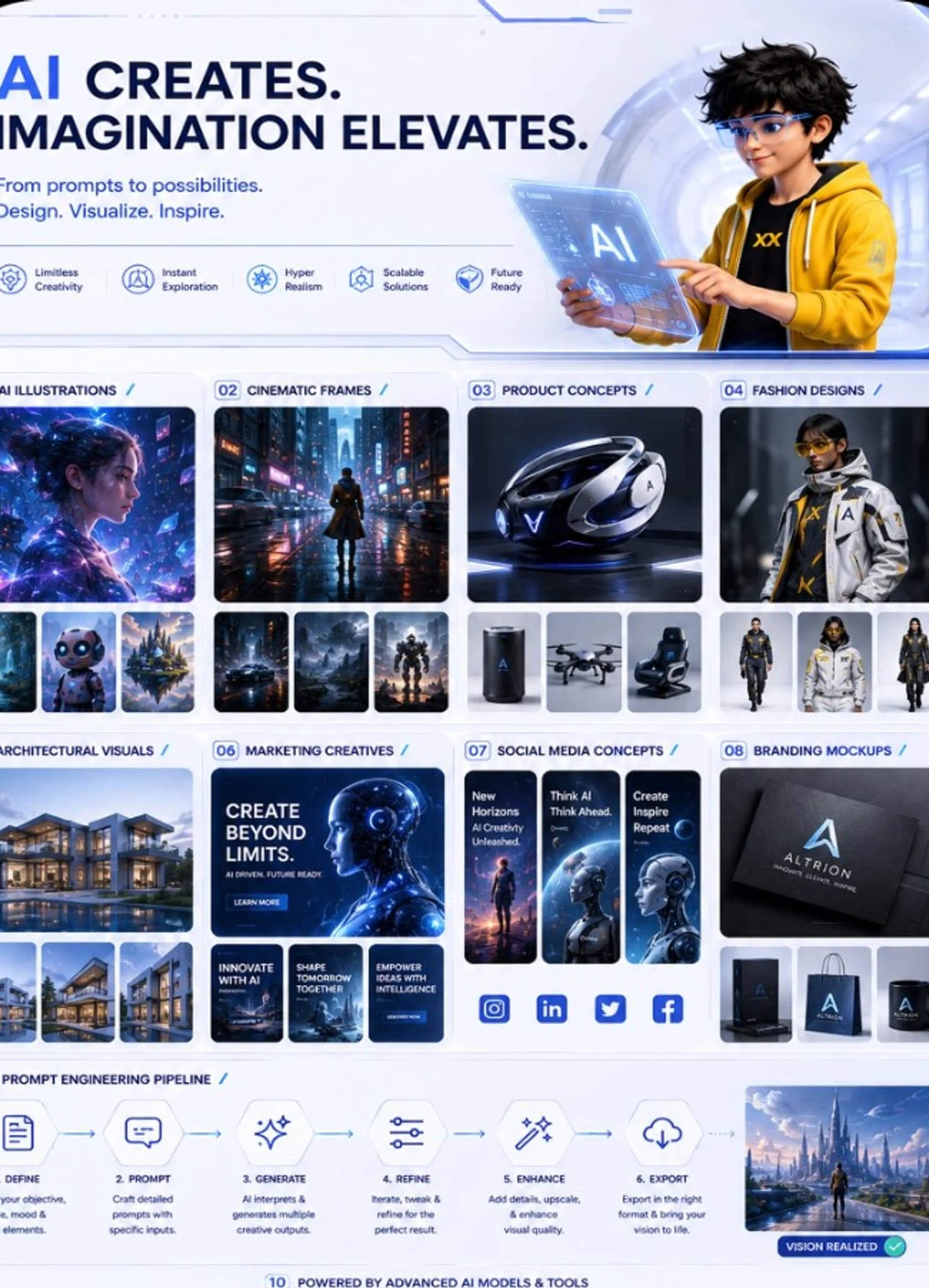 AI creative portfolio project with illustrations, fashion, and branding mockups