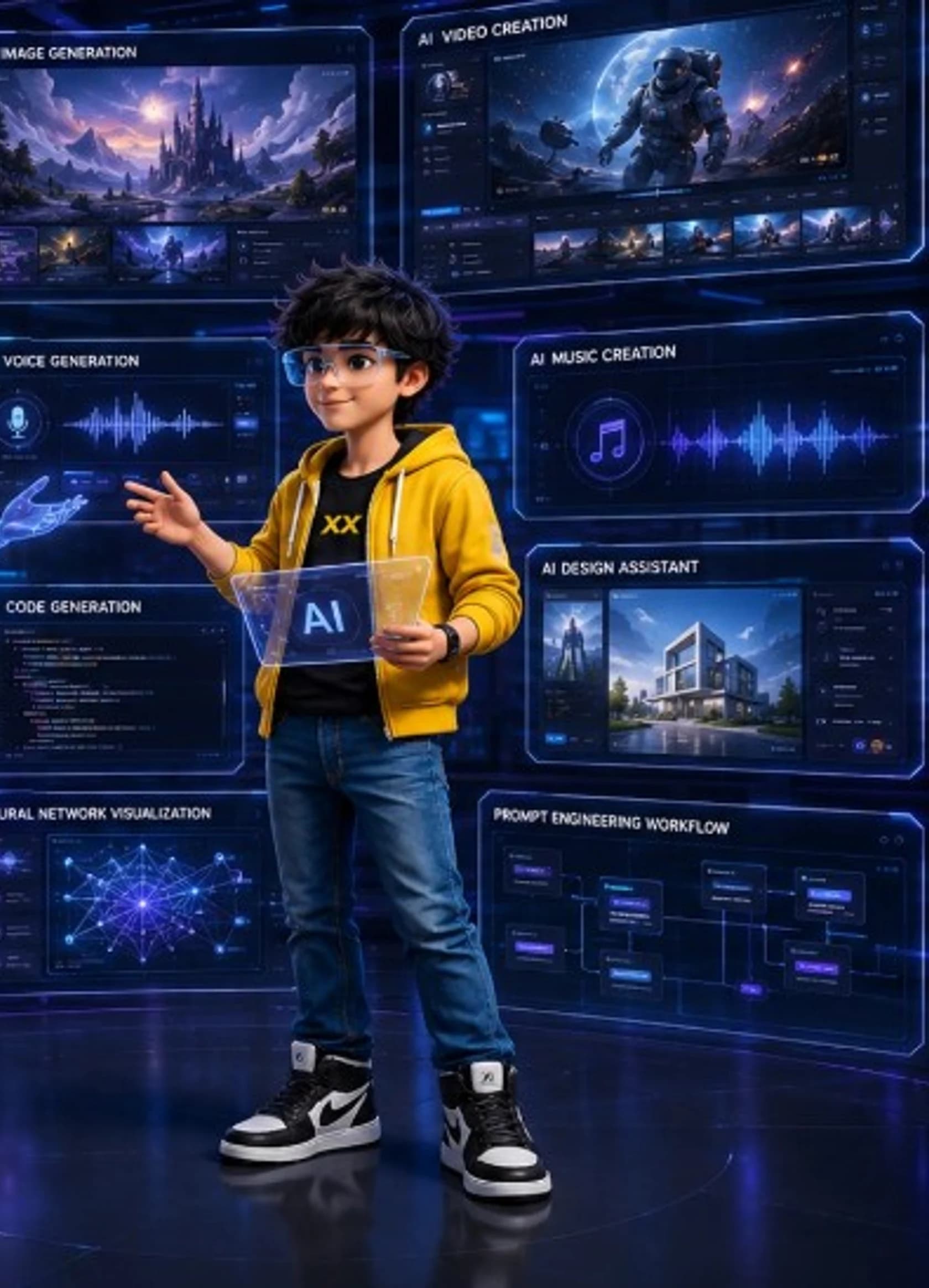 Student with AI hologram and generative creation panels