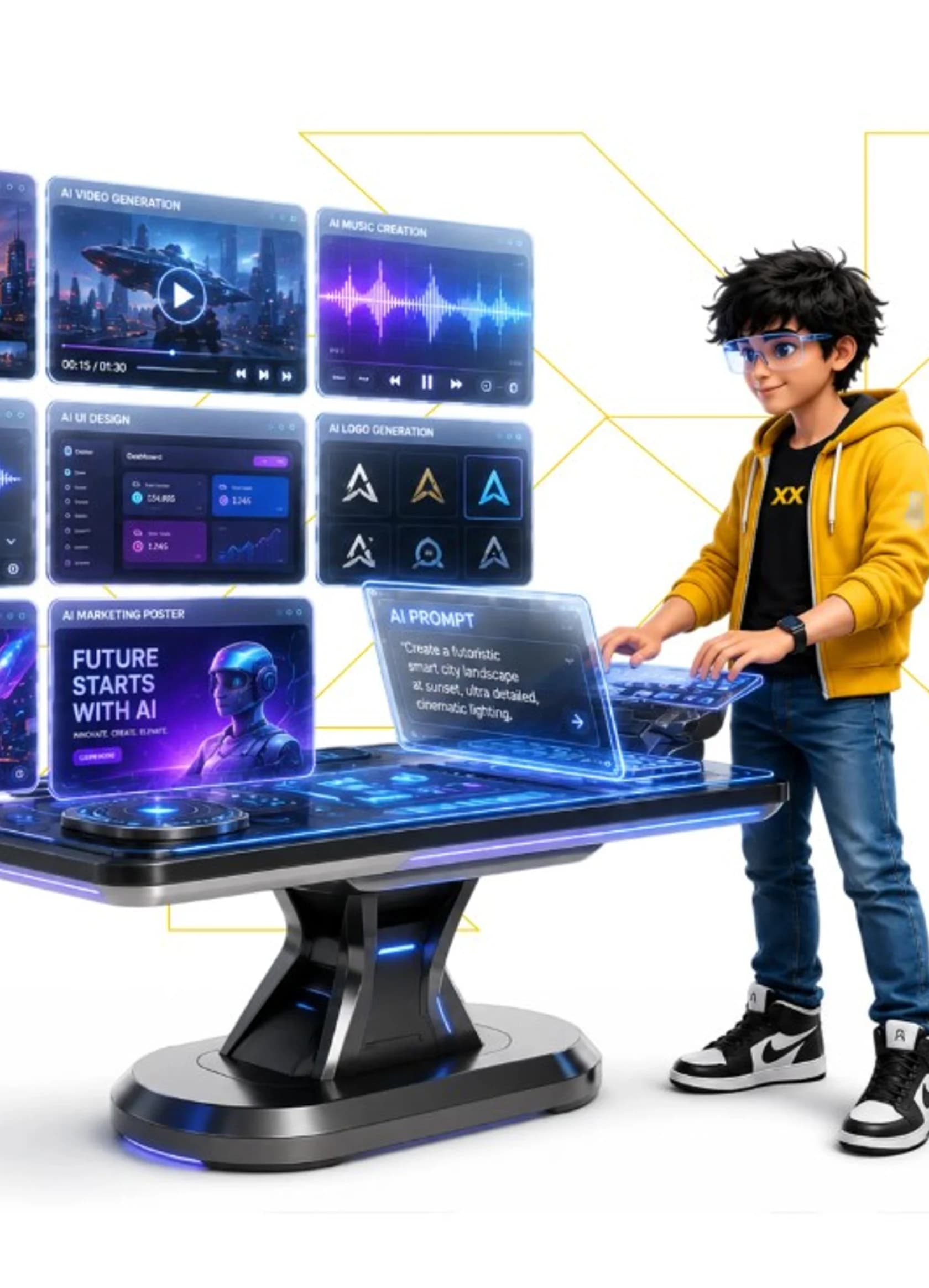 Generative AI workstation with holographic panels and prompt tools