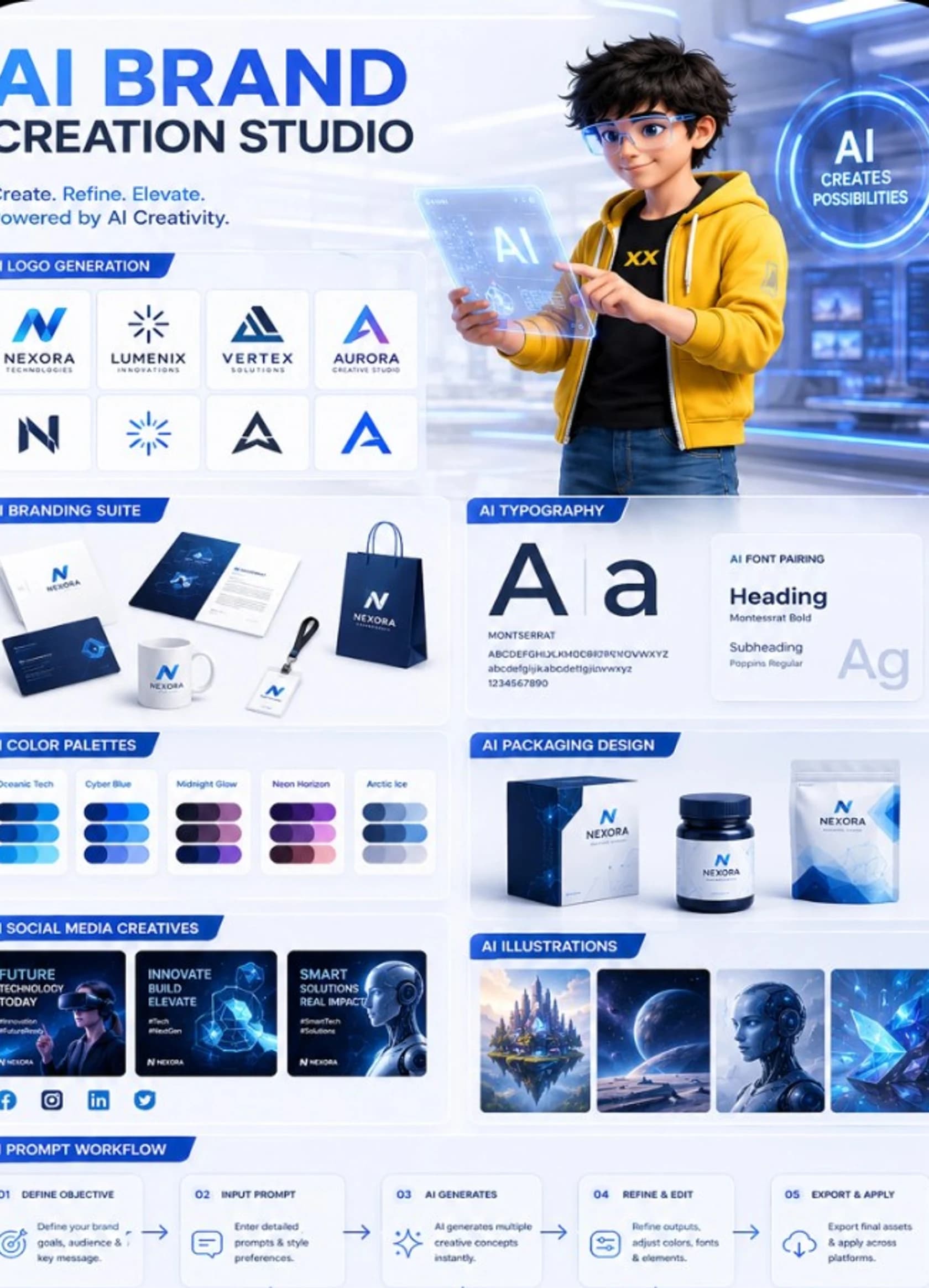 AI Brand Creation Studio student project — logos, branding suite, and packaging