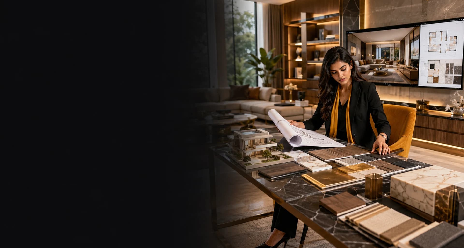 Interior designer reviewing blueprints and materials for Master Program In Interior Design (MPID)