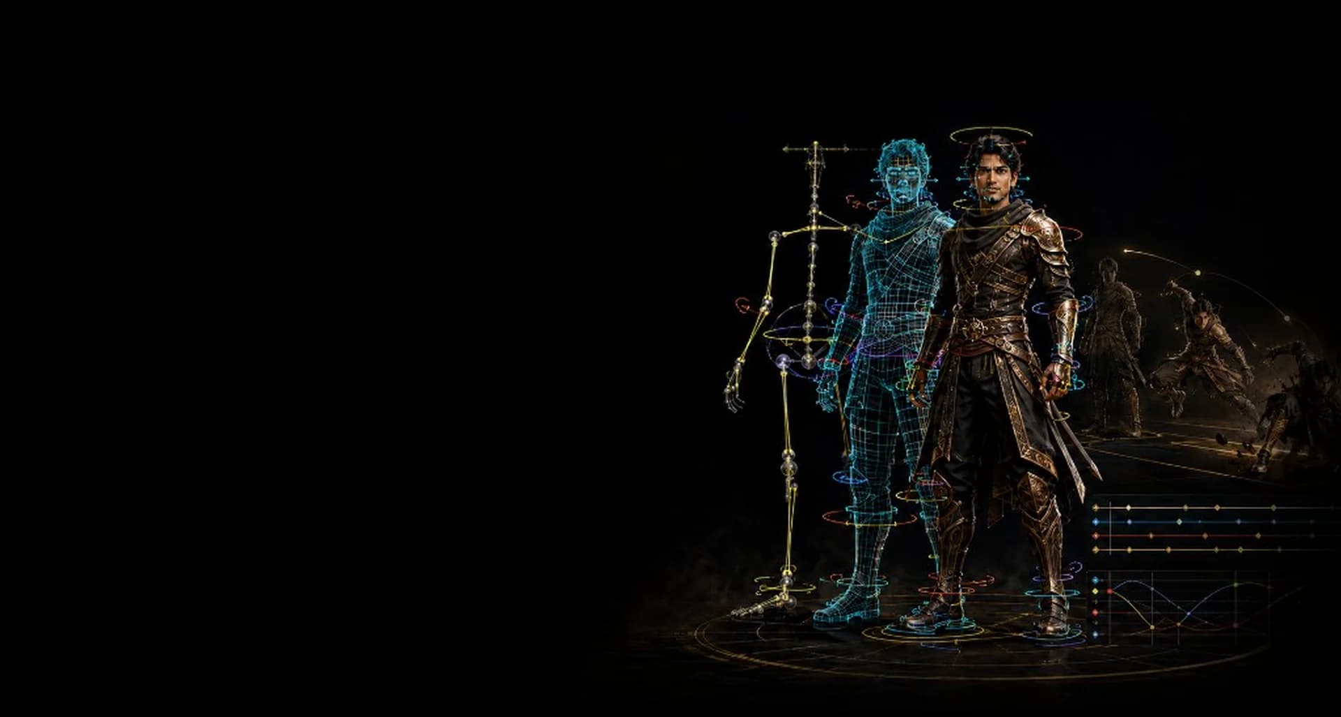 Character rig, wireframe and animation poses for MPAV Rigging & Animation