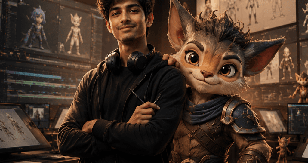 Student with animated character for Diploma in Animation