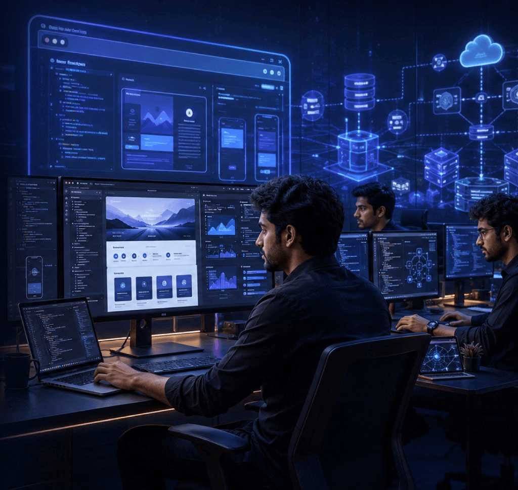 Student coding on dual monitors for Expert Program in Web Development