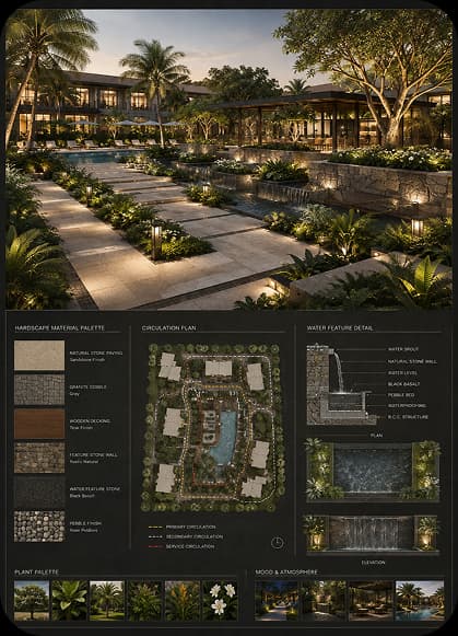 Hardscape materials and water feature detail board