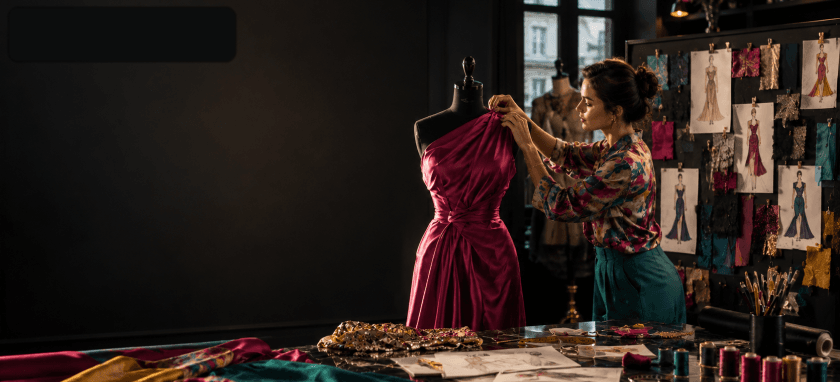 Fashion designer draping a magenta gown for Master Program In Fashion Design