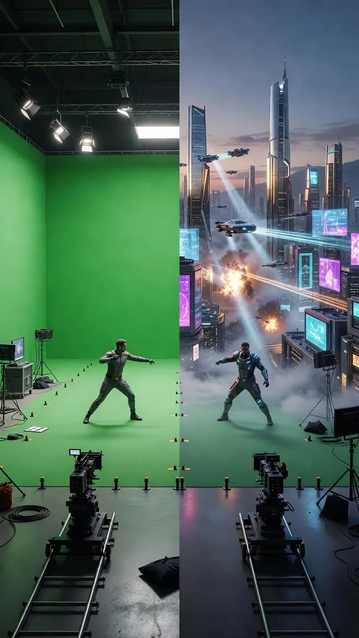 Students working on a green screen VFX set