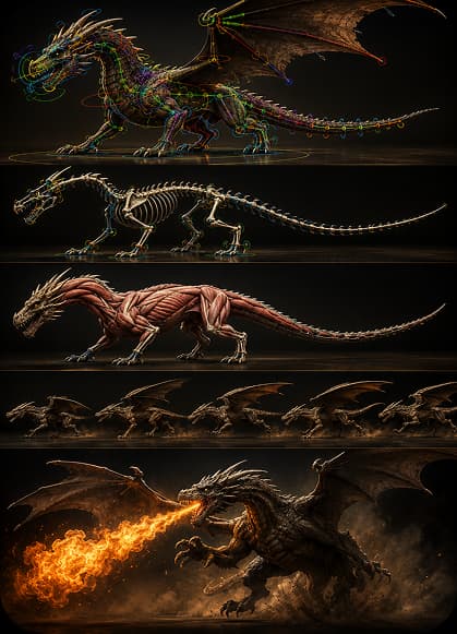 Dragon creature rigging, musculature, and animation student project