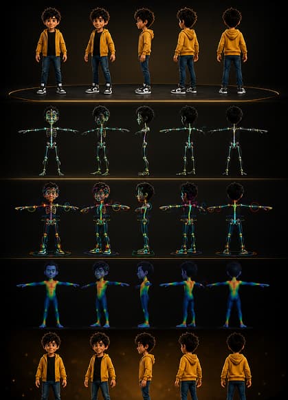 Character turnaround, skeletal rig, controls, and skinning student project