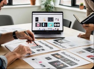 Portfolio review with design printouts