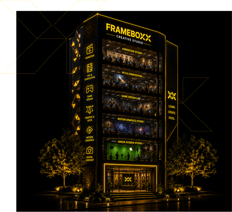Frameboxx Creative Studio building with Animation, VFX, Game Design, Motion Graphics and Green Screen floors