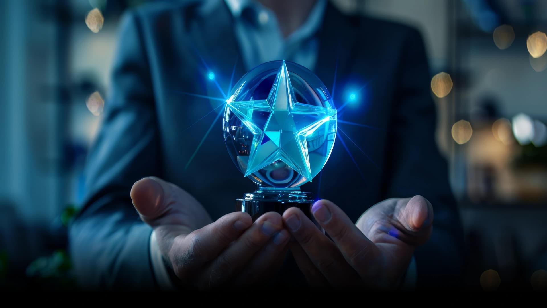 Hands holding a crystal star award