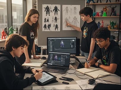 Students collaborating at a game jam