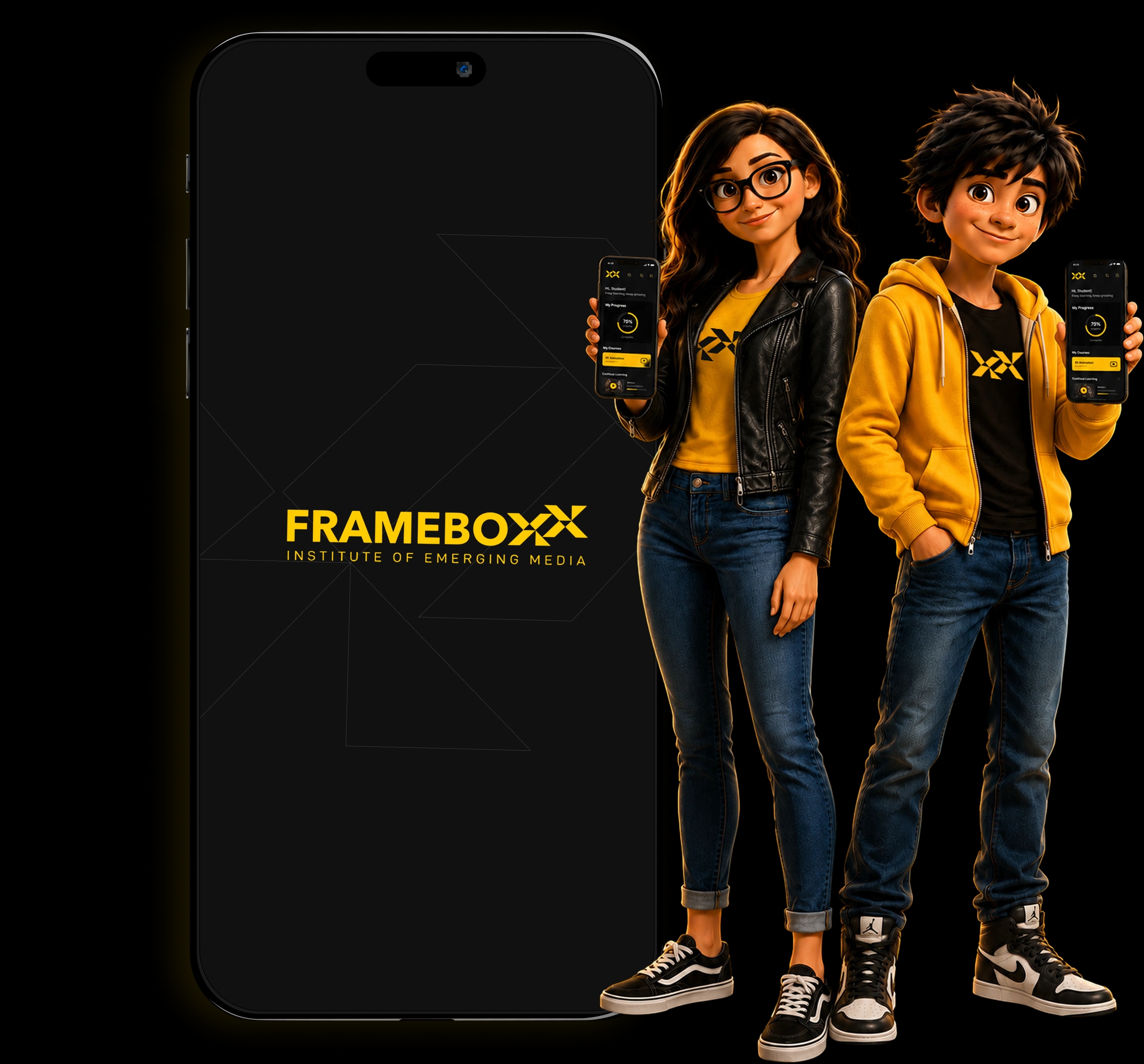 Frameboxx app phone mockup with students holding smartphones