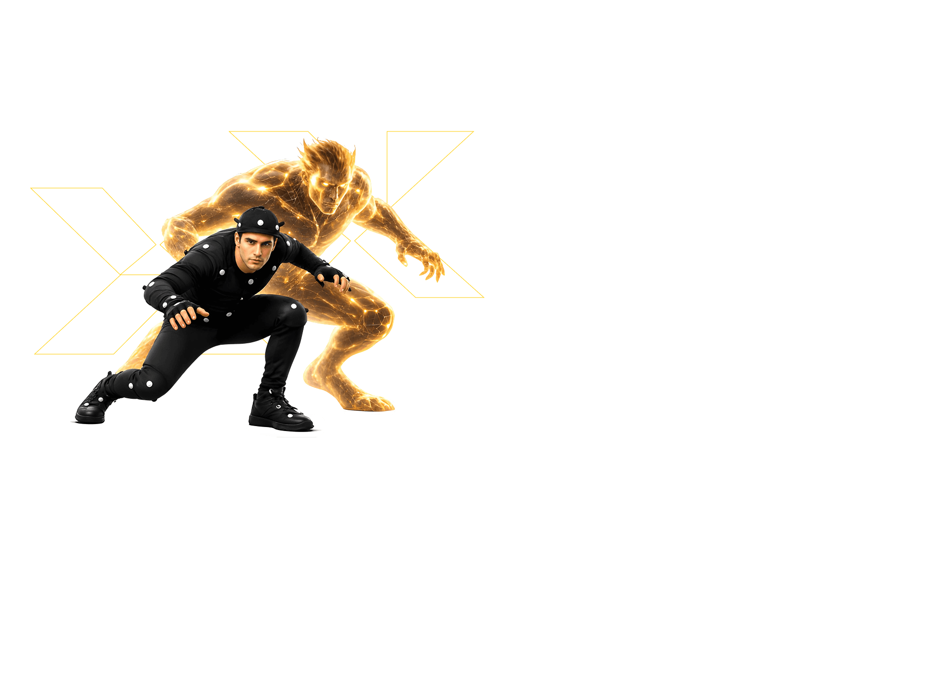 Motion capture artist with golden digital energy figure for Animation and VFX overview
