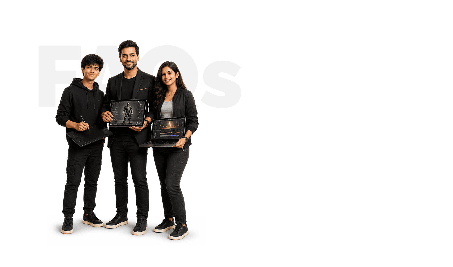 Animation and VFX students with tablet and laptop beside FAQs