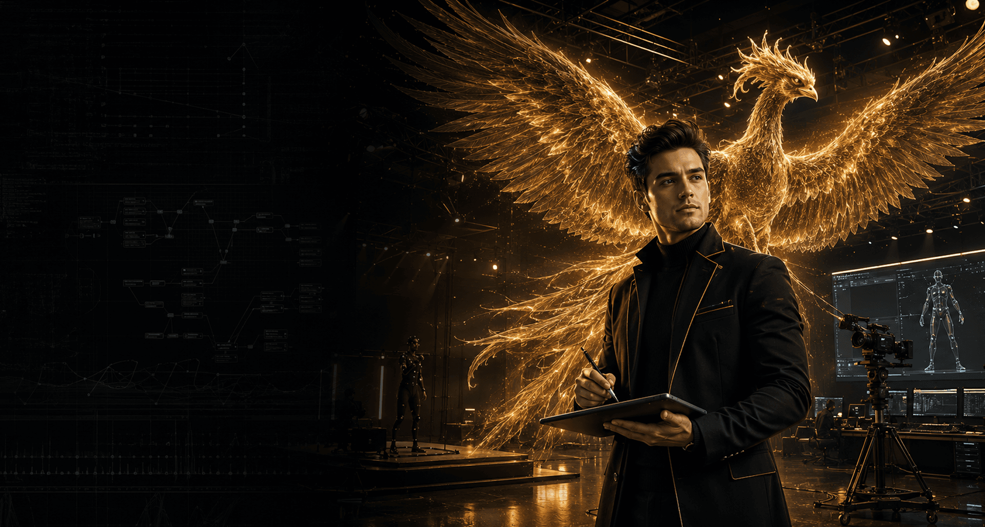 Creative professional with golden phoenix visual effects for Animation and VFX
