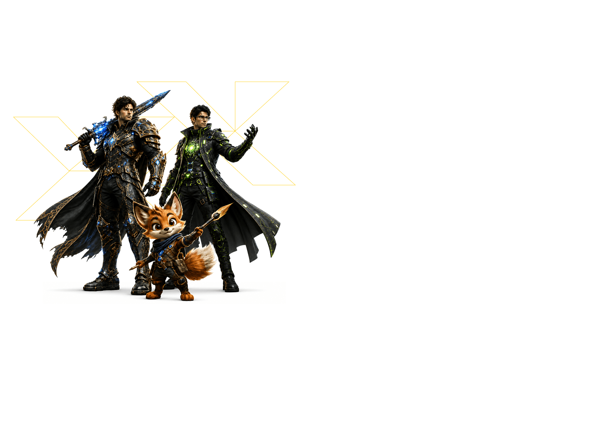 Armored characters and fox companion illustrating 3D Animation & Visual Effects