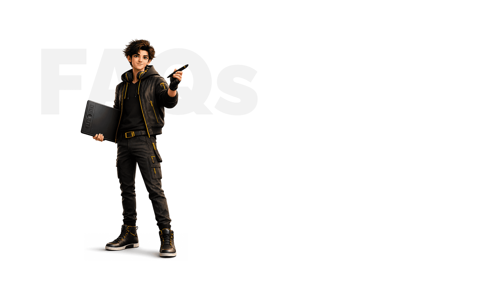 3D student character with drawing tablet beside FAQs