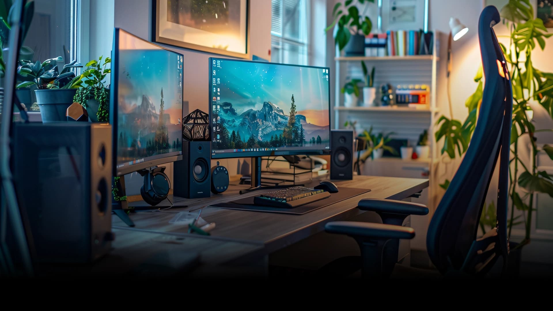 Creative studio workspace with dual monitors and production speakers