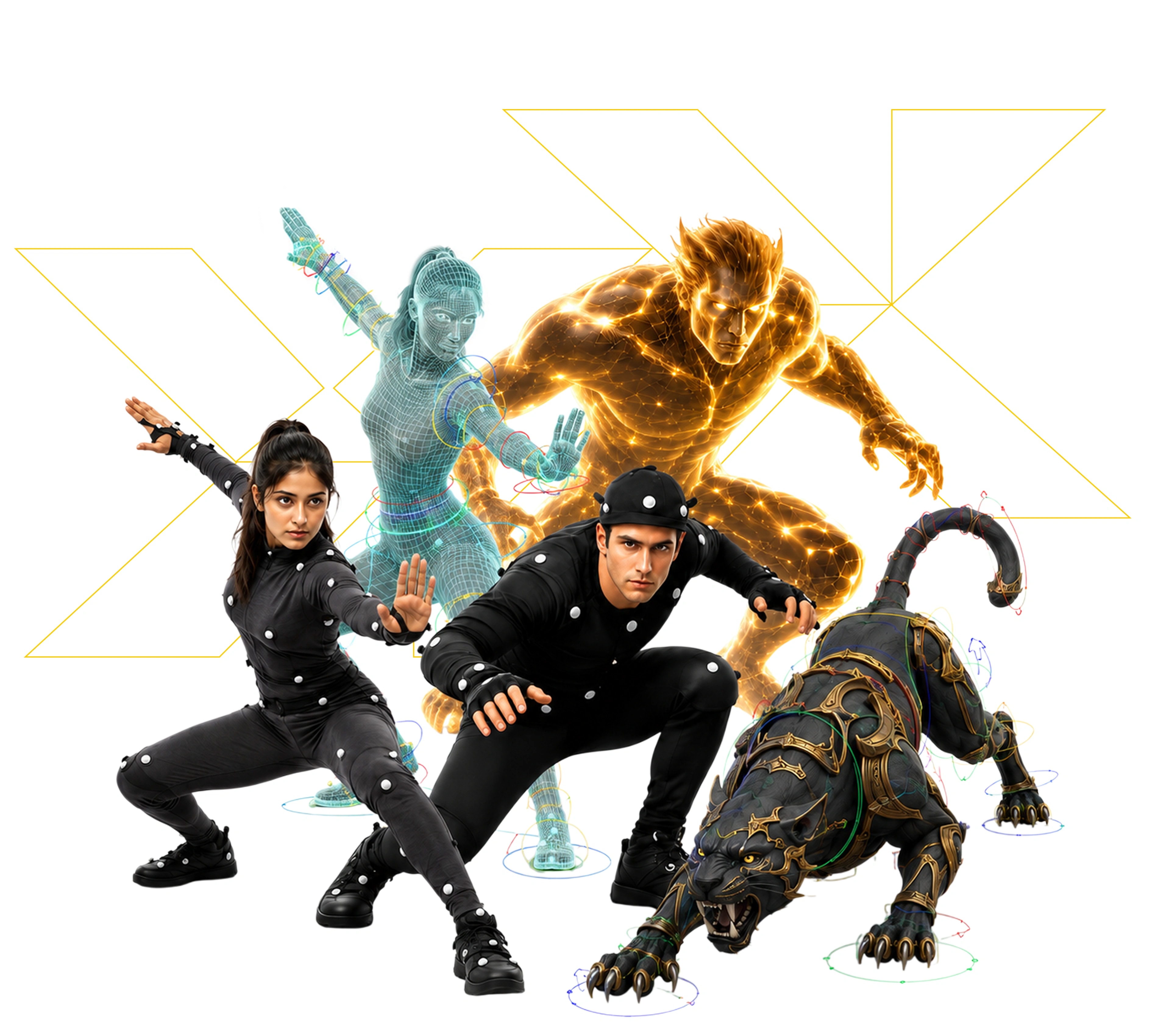 Motion capture artist with golden digital energy figure for Animation and VFX overview