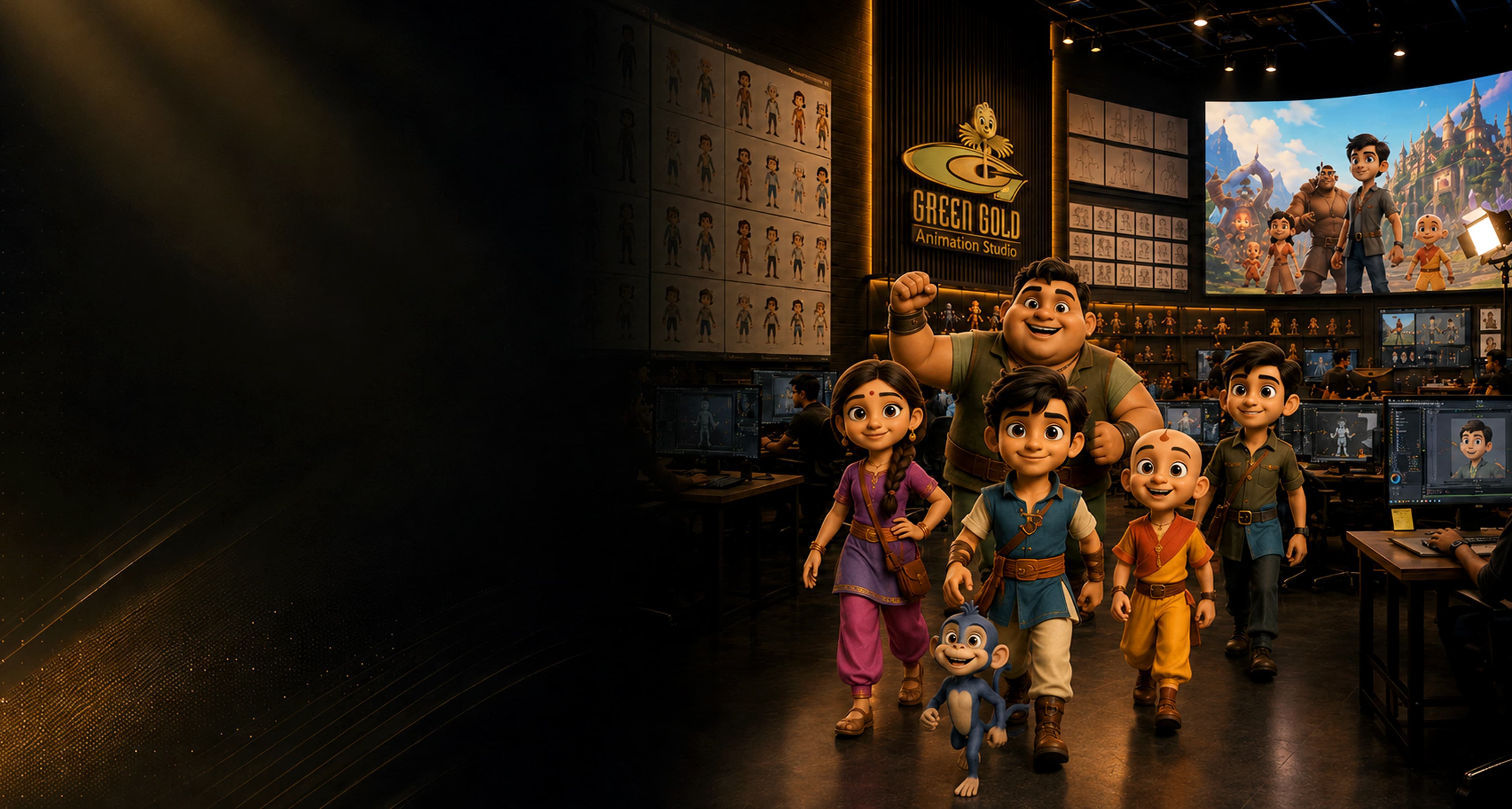 Animation studio with Green Gold characters for B.Sc. 3D Animation & Visual Effects