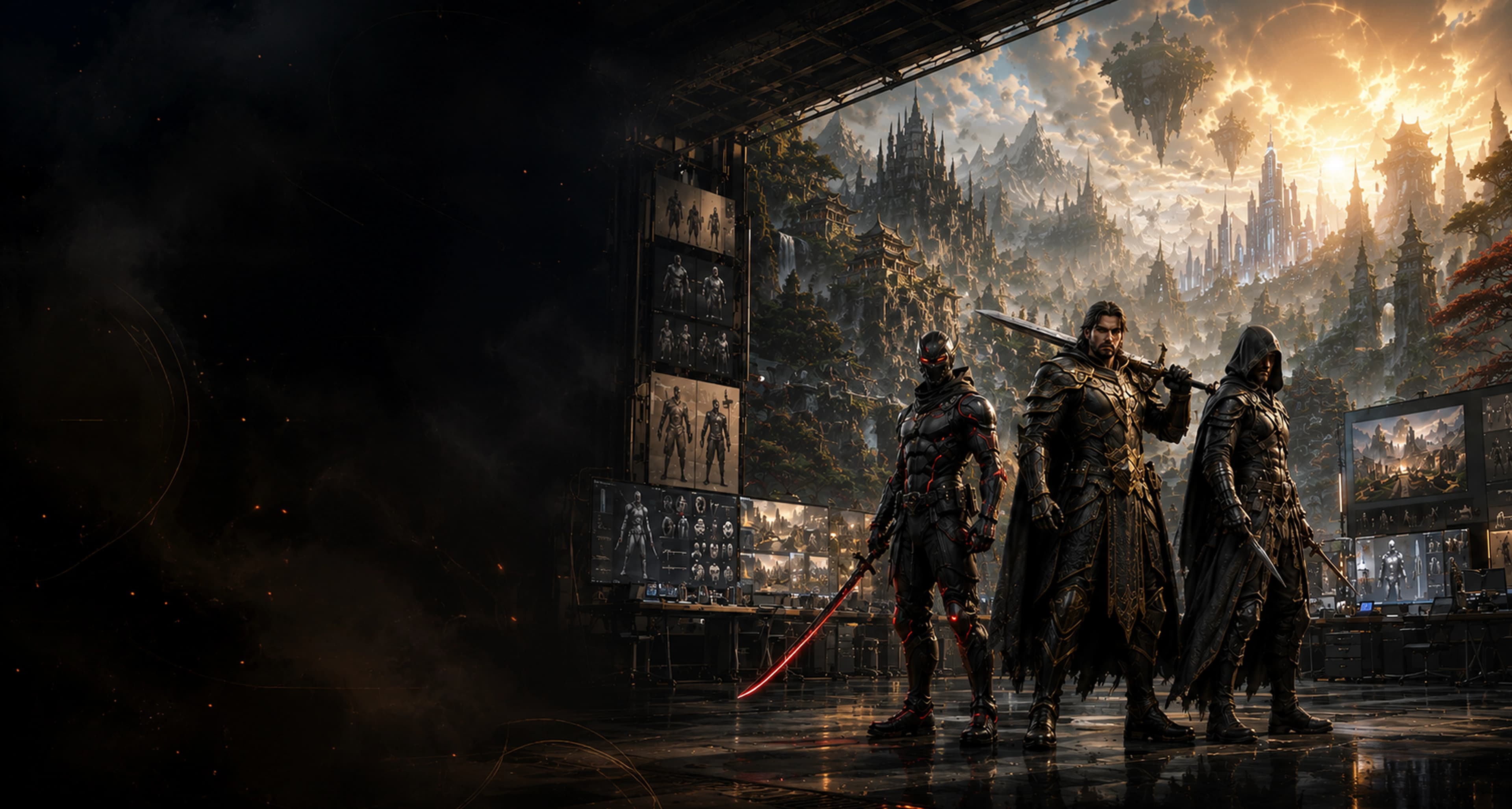 AAA game characters in a studio overlooking a fantasy world for Game Art with Godspeed Games