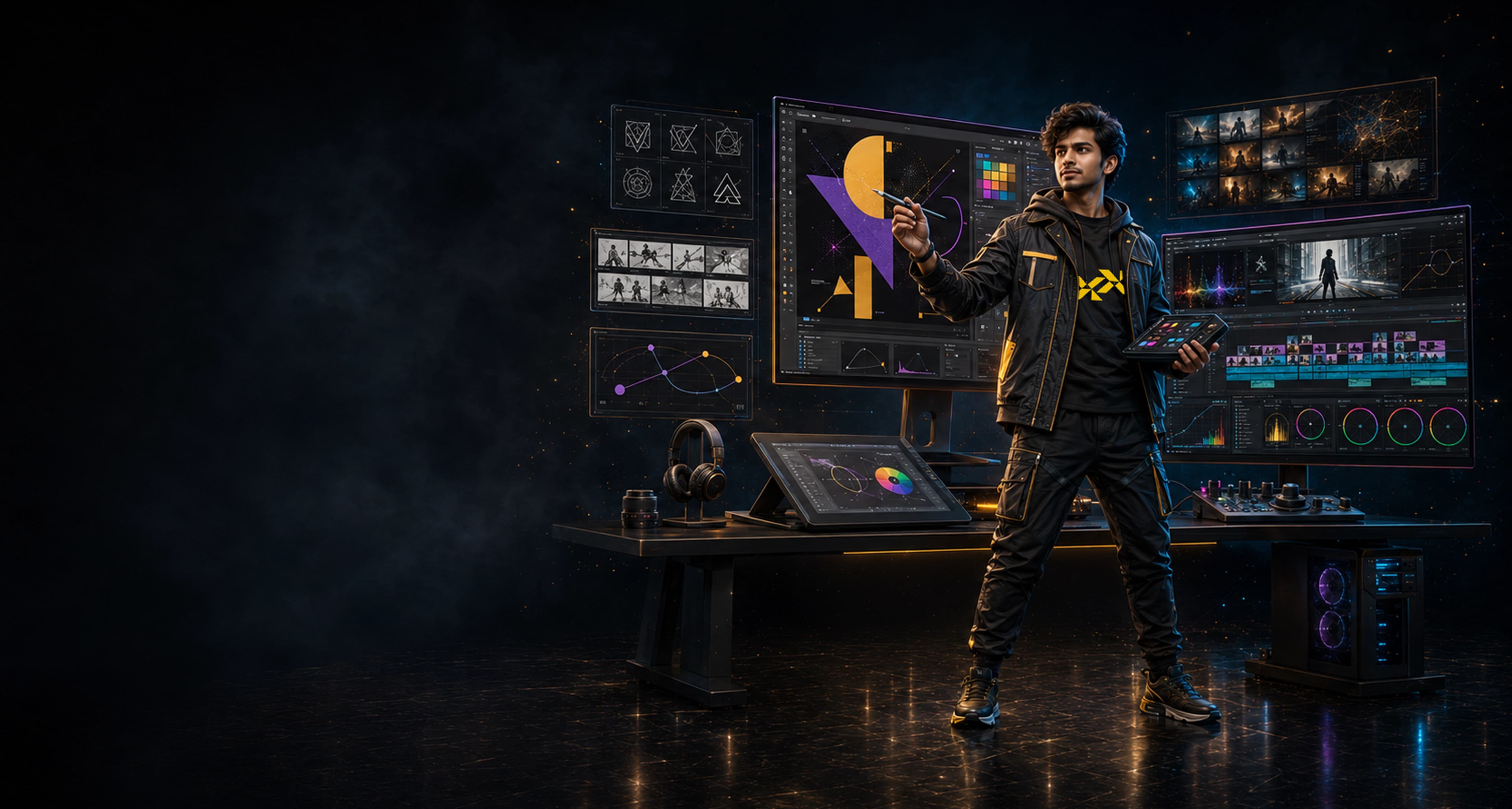 Video editing student with color grading panel in a professional studio for Graphic Designing & Video Editing
