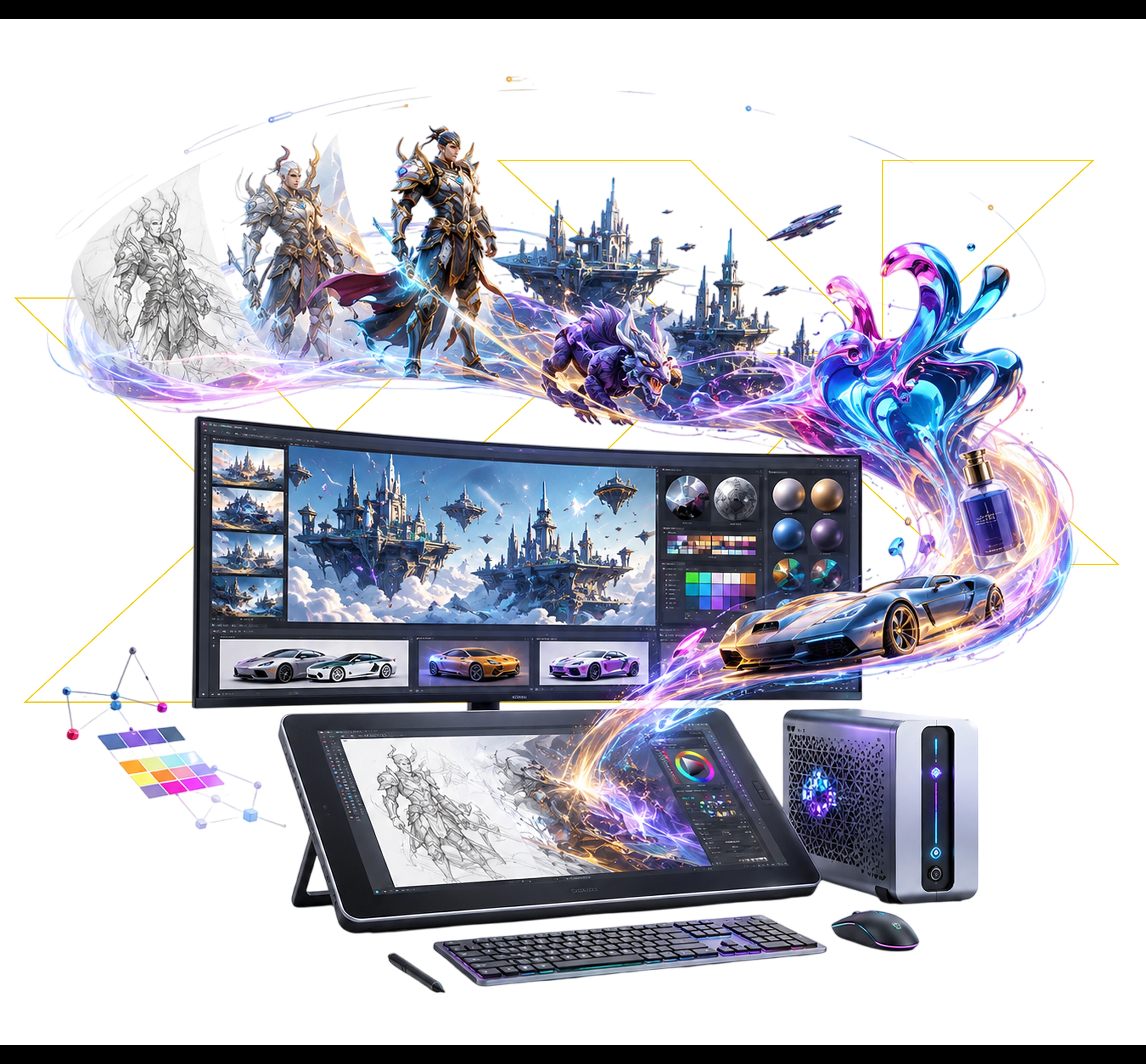 Generative AI student at holographic workstation with AI panels and gold XX brand marks