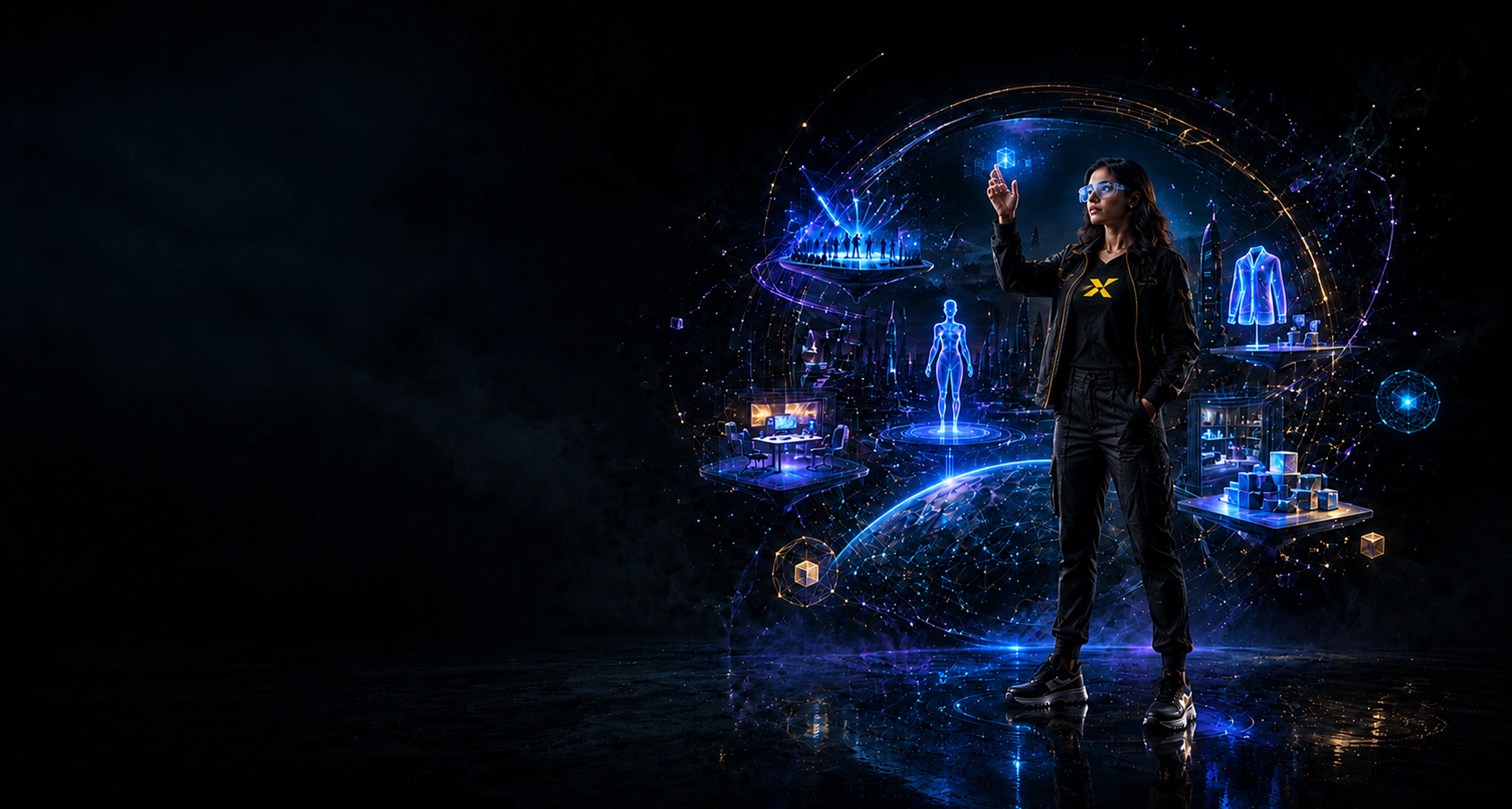 Student with AR goggles in a futuristic Metaverse city for Future Technologies Metaverse