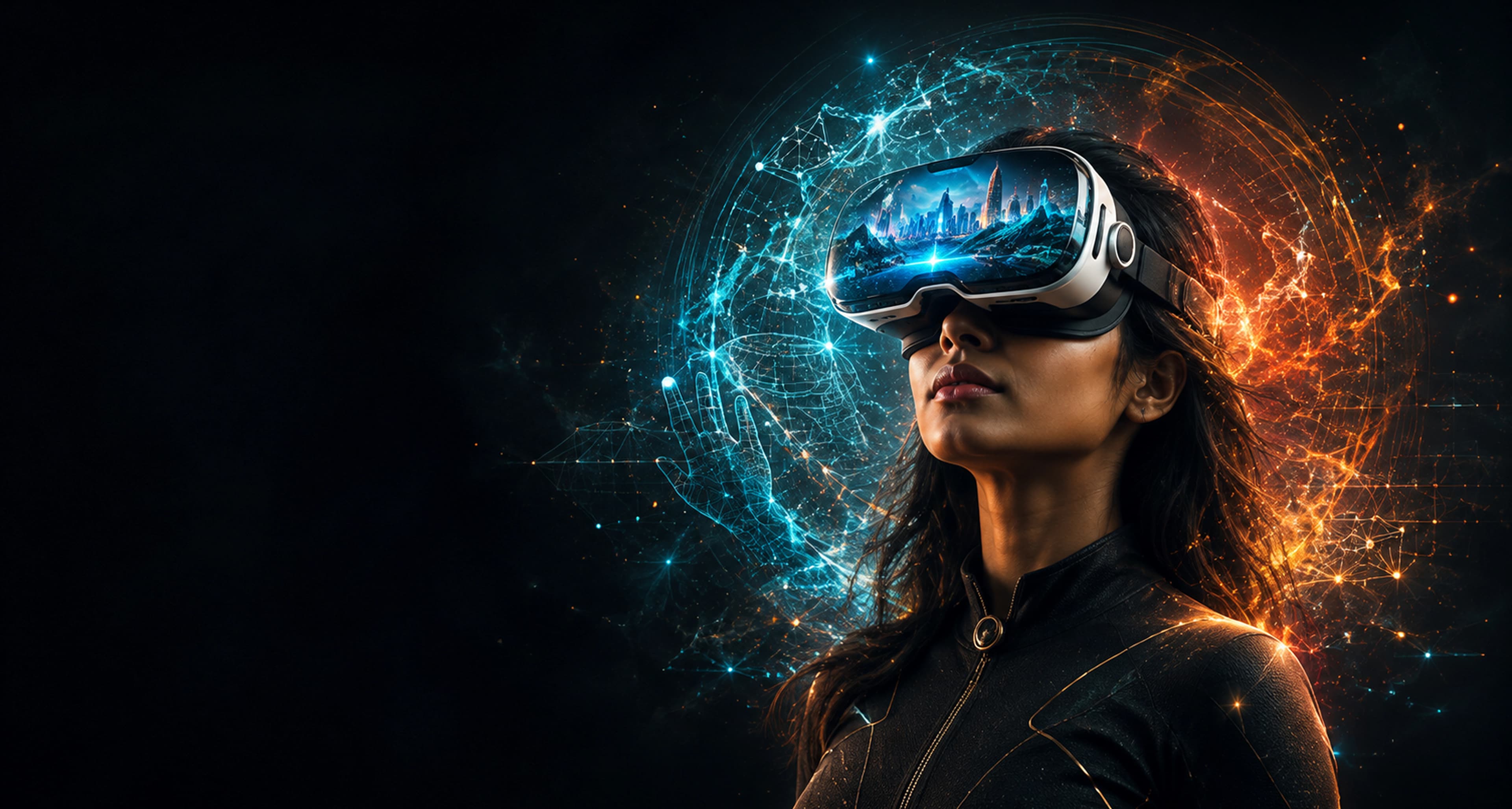 Student with VR headset in a futuristic Unity lab for Future Technologies Virtual Reality