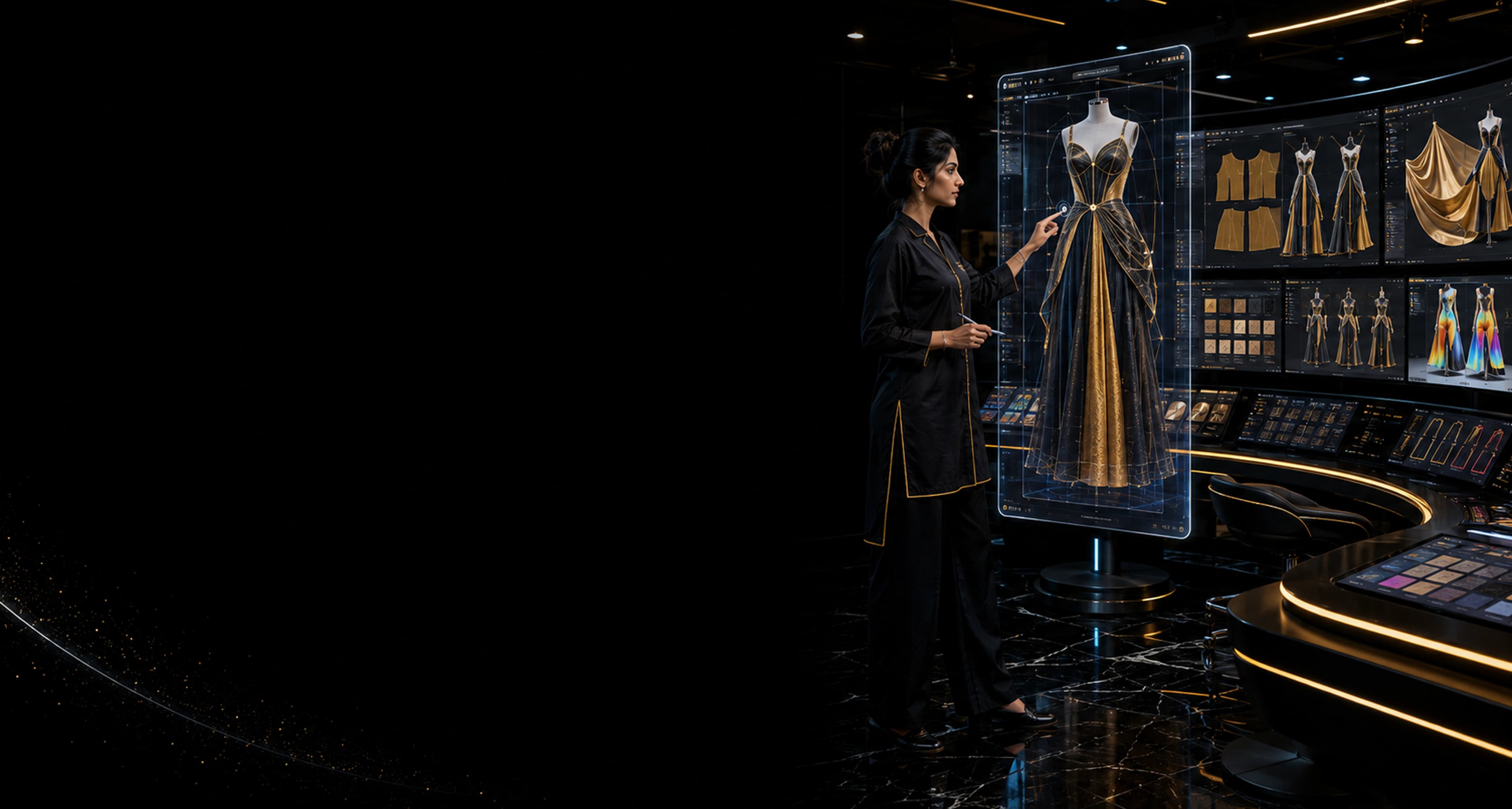 Digital fashion designer working with a 3D garment simulation display
