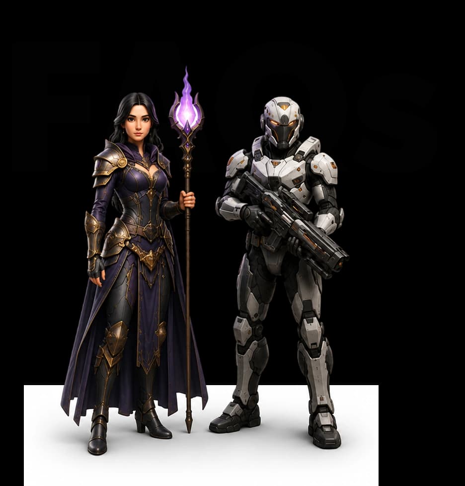 Fantasy mage and sci-fi soldier beside FAQs for Game Development