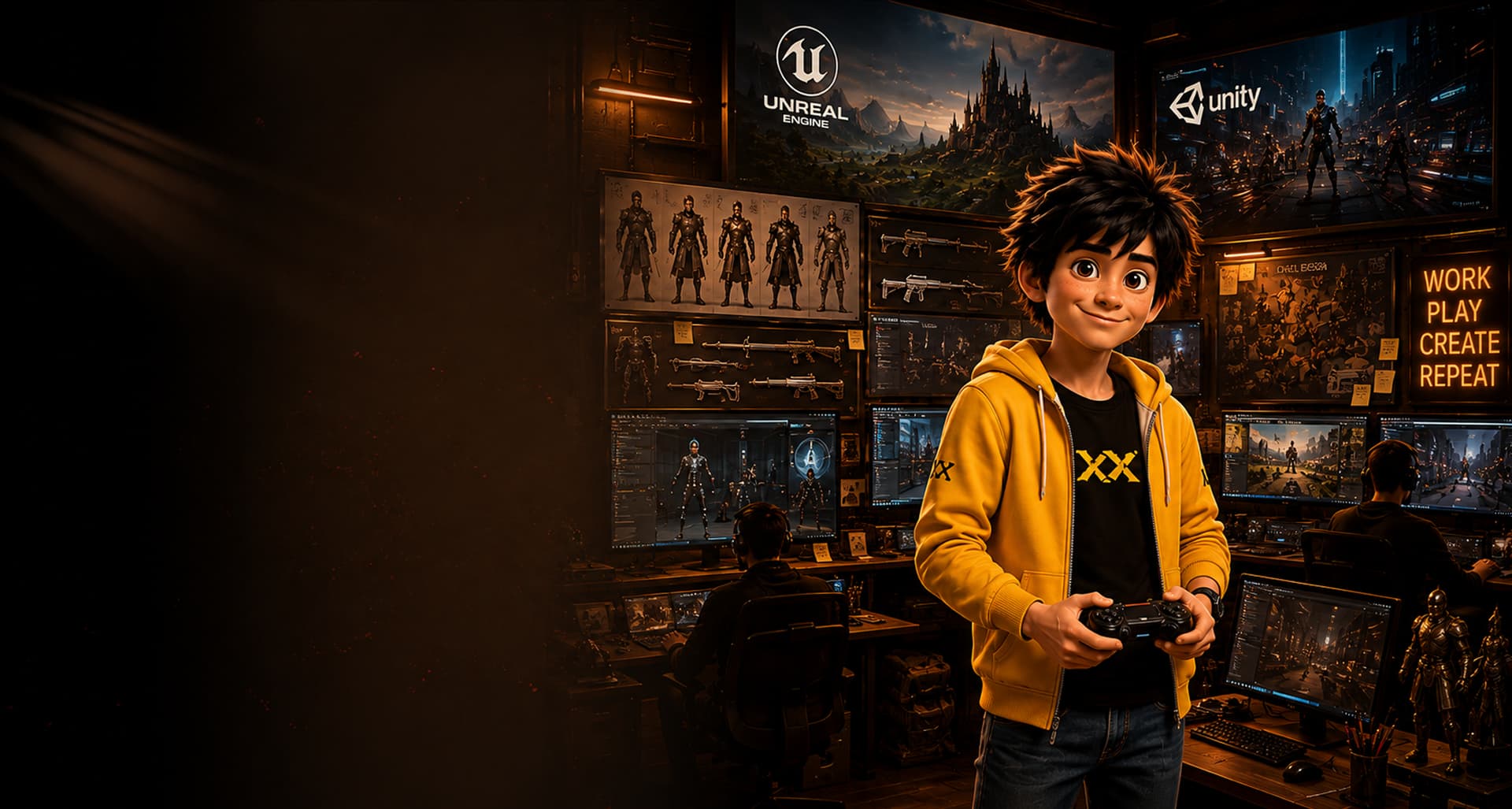 Student with game controller in a Unity and Unreal Engine game development studio