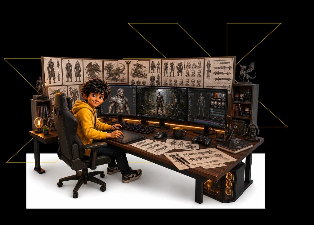 Game development student at multi-monitor workstation with concept art and 3D tools