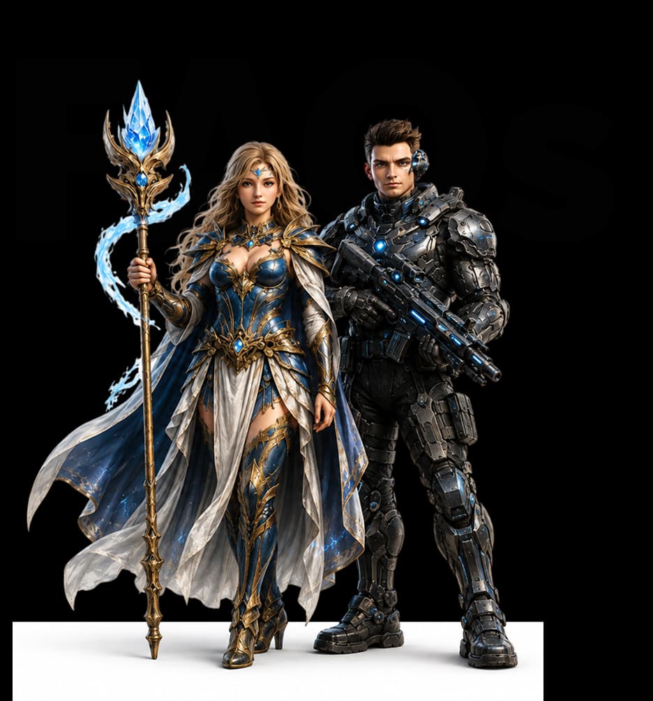 Fantasy mage and sci-fi soldier beside FAQs for Game Development with Unity