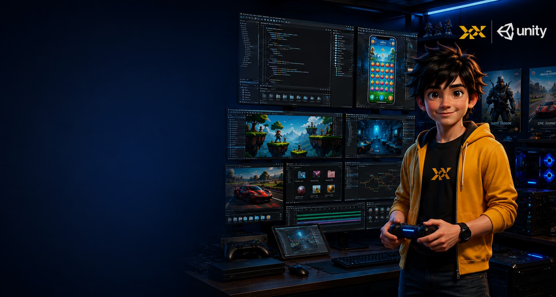 Student with game controller in a Unity game development studio