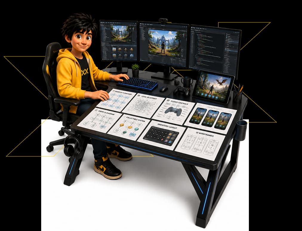 Unity game development student at multi-monitor workstation with gameplay docs and C# tools