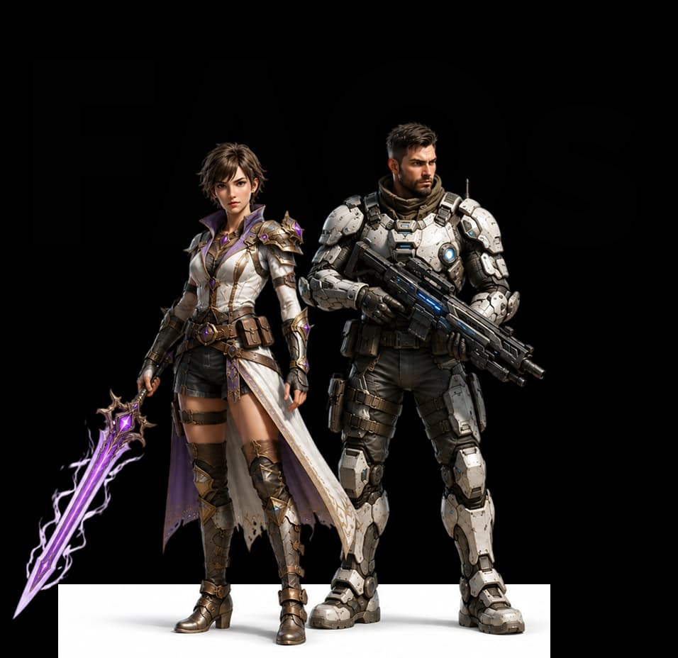 Fantasy warrior and sci-fi soldier beside FAQs for Game Development with Unreal
