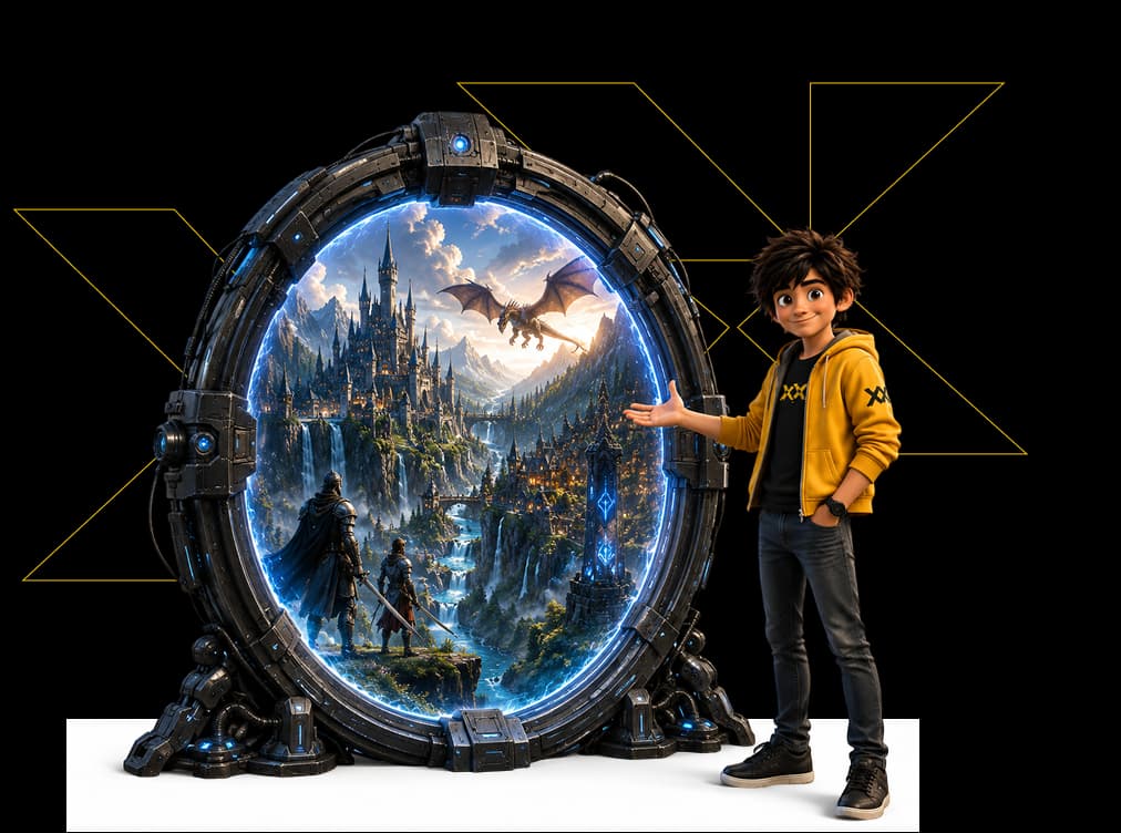 Character presenting a fantasy world through an Unreal Engine-style portal