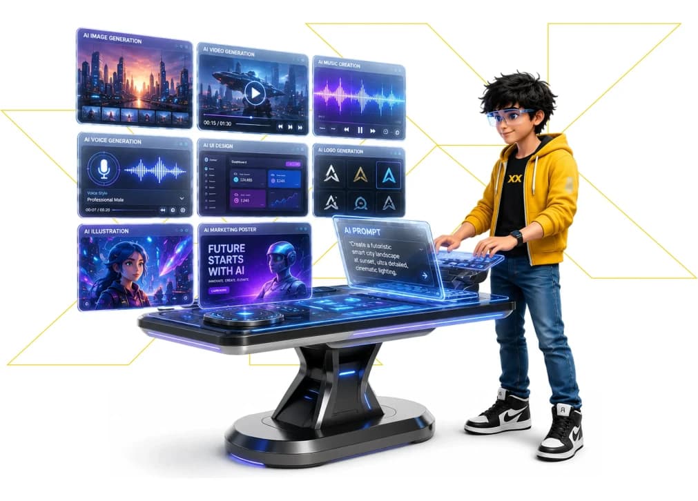 Generative AI student at holographic workstation with AI panels and gold XX brand marks