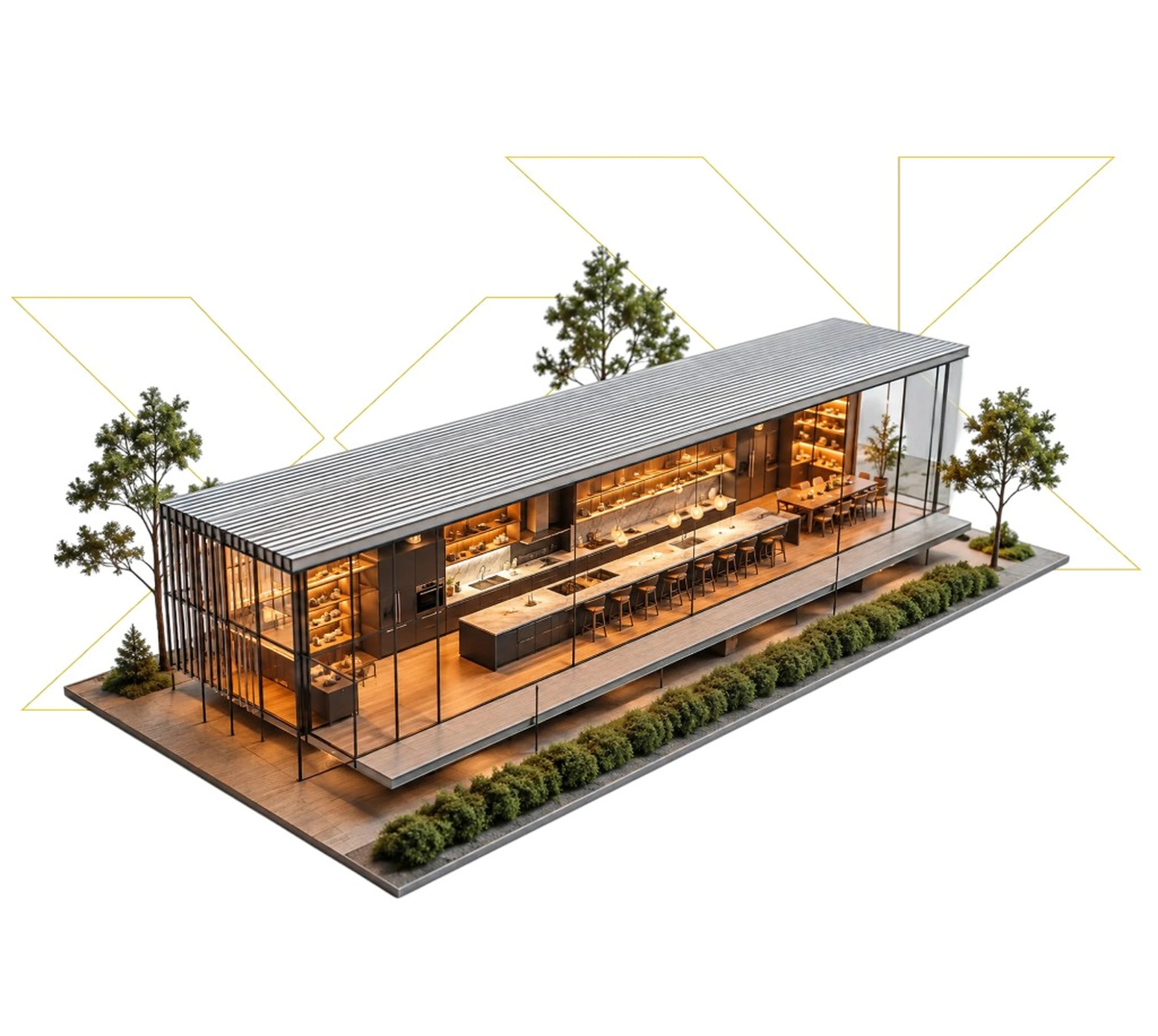 Glass pavilion kitchen and dining model for EPKD course overview
