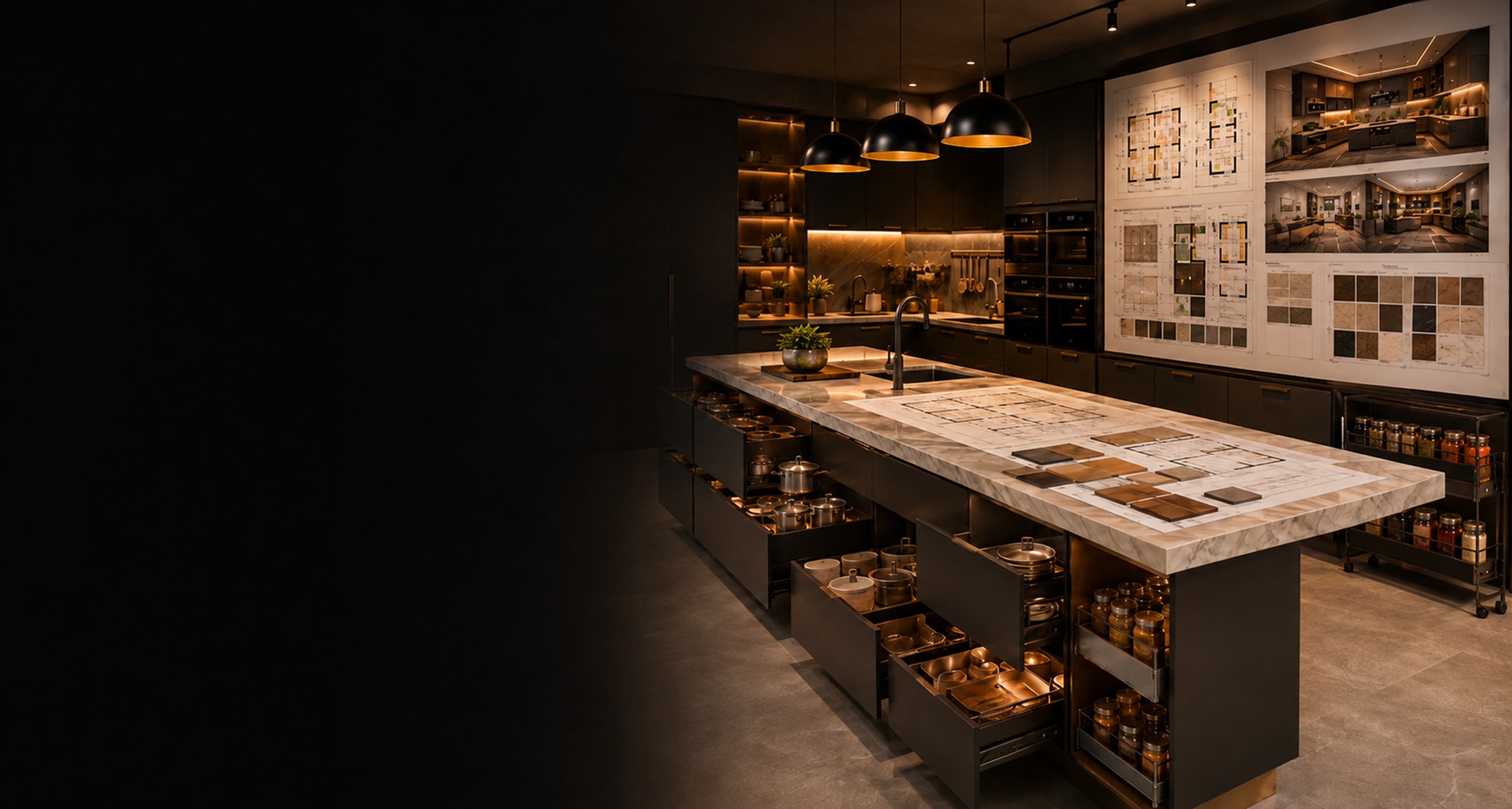 Kitchen design studio with modular island and blueprints for Expert Program EPKD