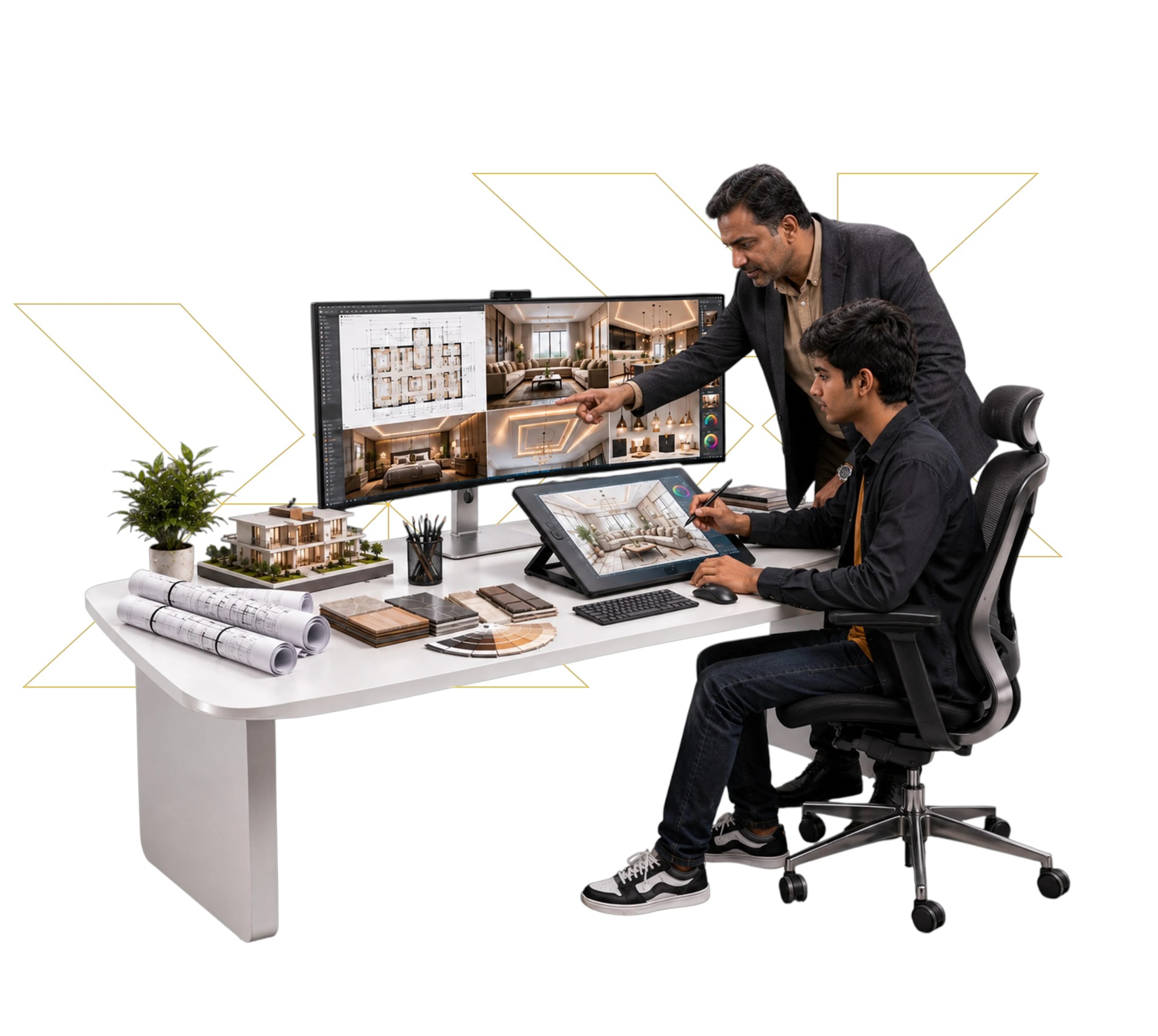 Student and mentor reviewing interior plans and 3D renders for MPID course overview